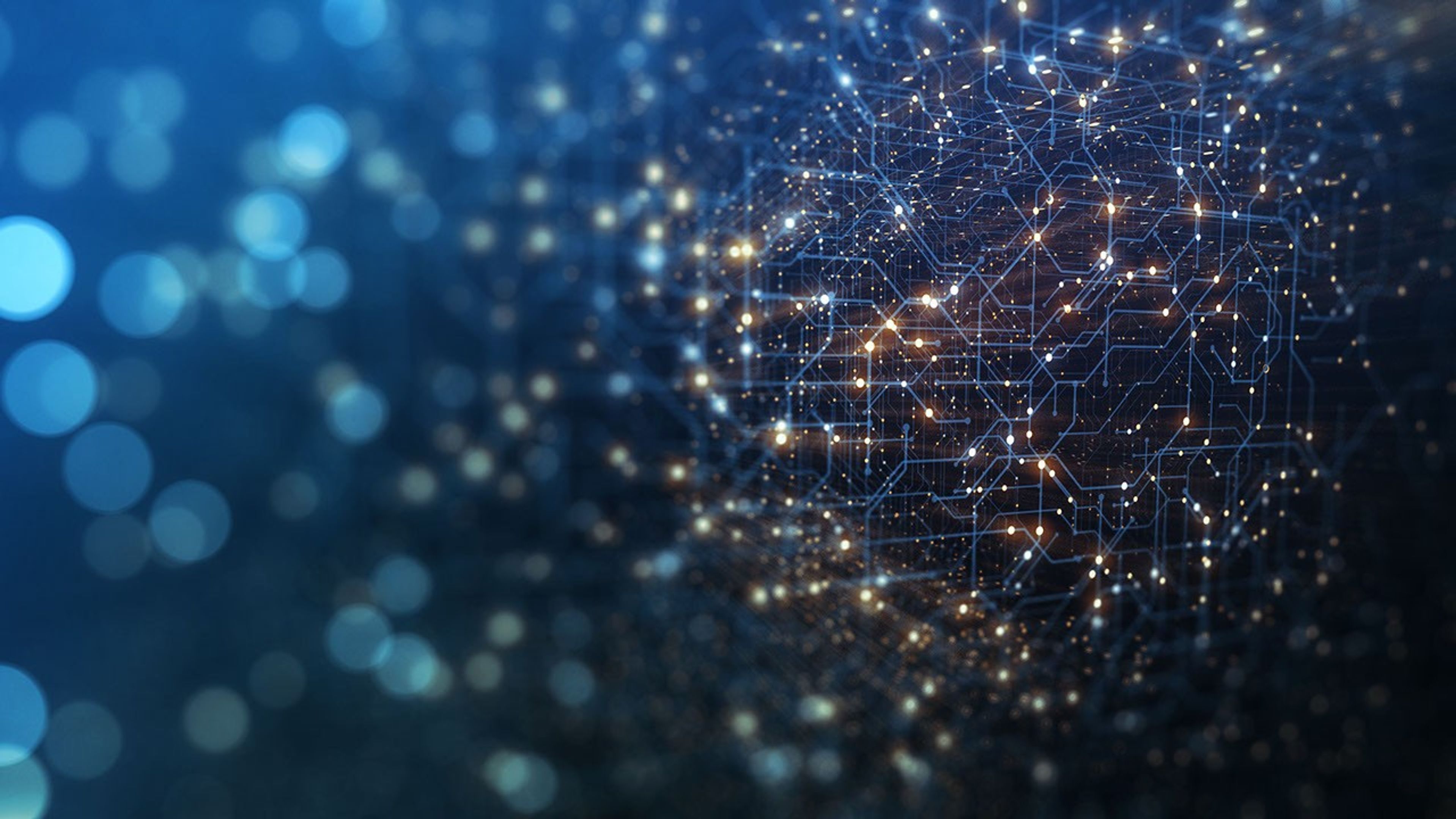 Abstract digital illustration of a glowing network of interconnected nodes and circuits, representing quantum computing or advanced data processing.