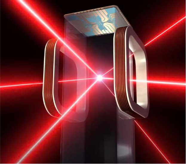 Illustration of red laser beams intersecting around a central device with coils and a circuit board, representing a quantum technology experiment.
