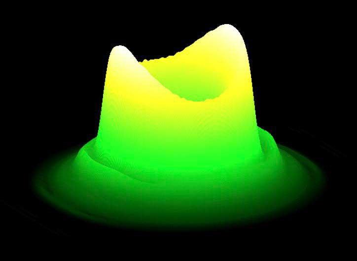Visualization of a green and yellow laser-shaped wave structure representing a space-based atom laser experiment.