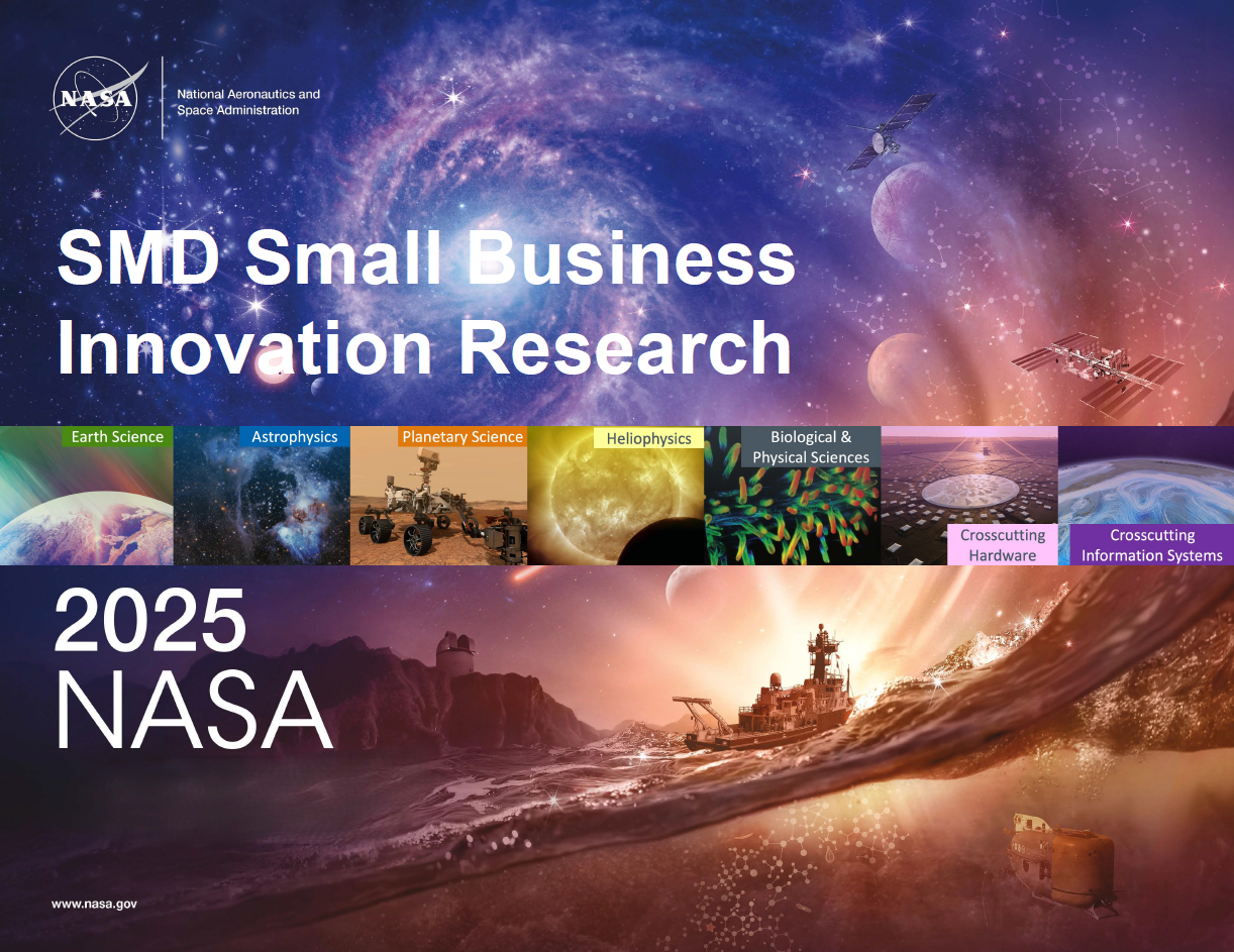 "SMD Small Business Innovation Research 2025” in white text against a colorful collage of images highlighting each of the report’s seven main topics (Earth Science, Astrophysics, Planetary Science, Heliophysics, Biological & Physical Sciences, Crosscutting Hardware, and Crosscutting Information Systems).
