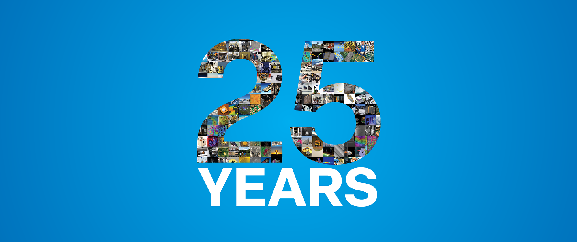 Graphic with a bright blue background and large number '25' filled with a collage of images, above the word 'YEARS' in white text.