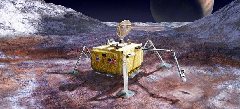 A four-legged square spacecraft perched on a brown and white icy surface. The spacecraft is extending a robot arm deploying a tool above the surface.