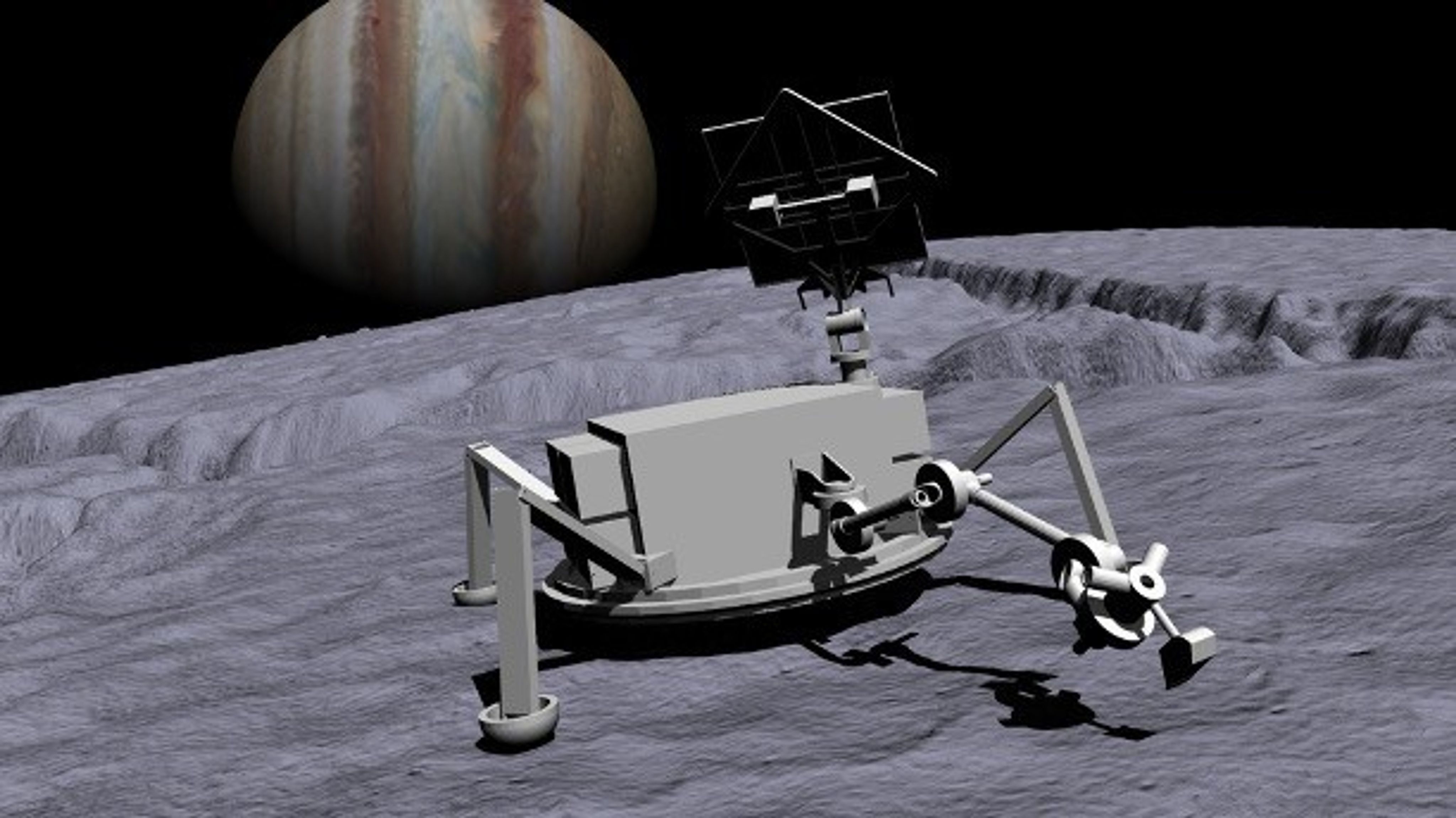 A multi-legged lander on a gray, rocky surface with crevasses in the distance, with space and a view of Jupiter on the horizon. The lander’s arm is extended, with a scoop pointed towards the ground.