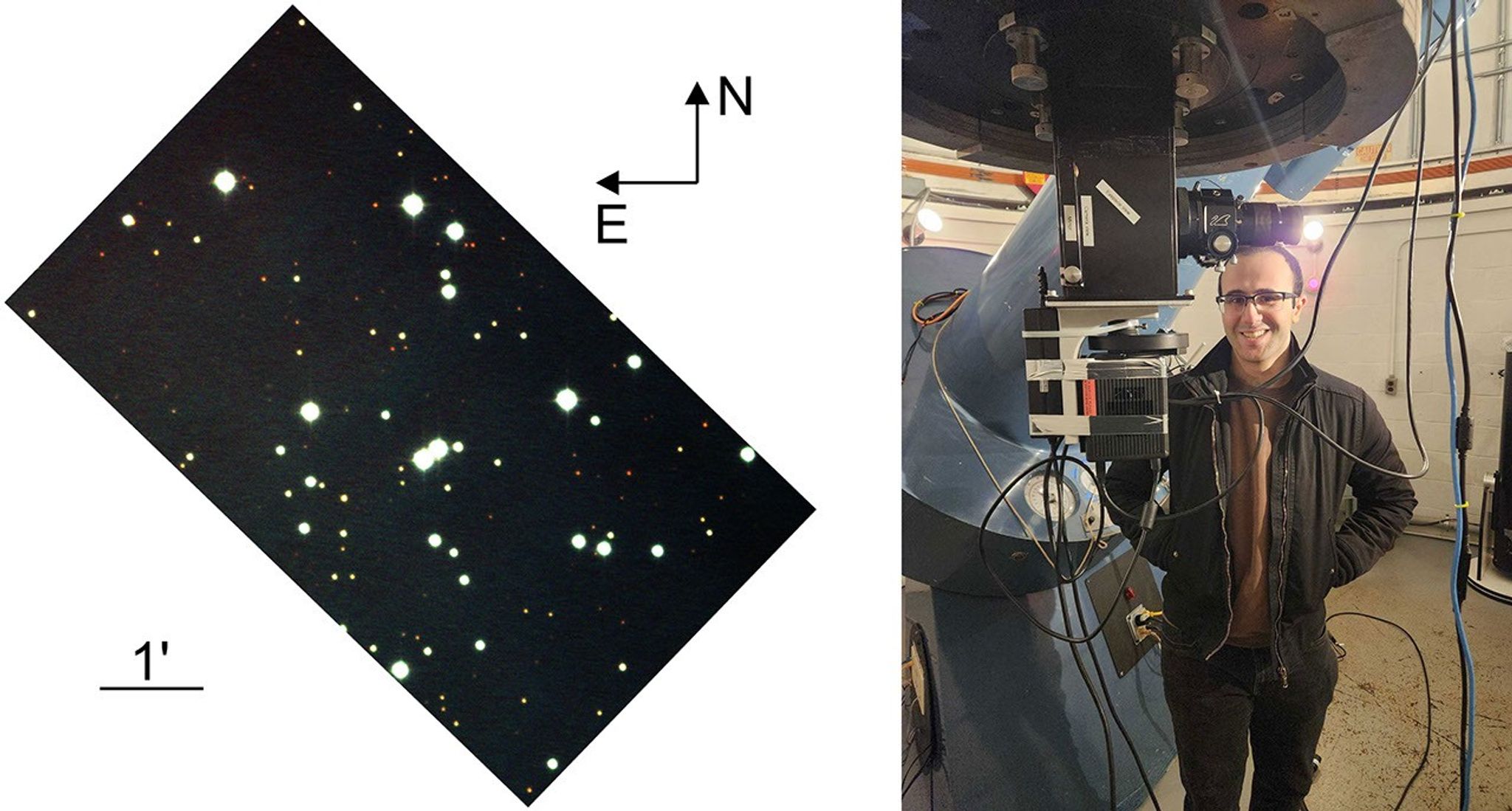 Left: A star field image of M36, showing bright white and dim red stars, with arrows indicating North and East for orientation. Right: Researcher Edwin Alexani stands behind a black camera with a filter wheel, mounted below a telescope.
