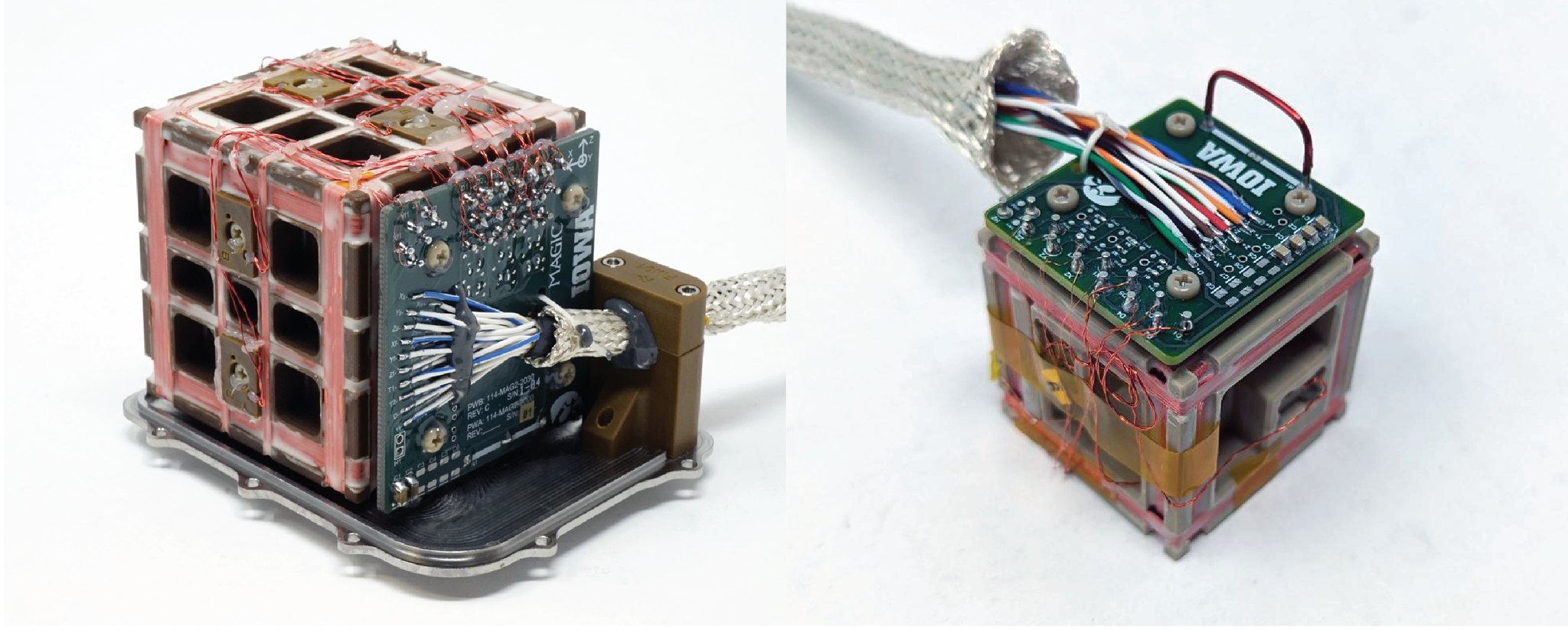 Two copper wire-wrapped cube sensor designs highlighting the difference in sensor geometry
