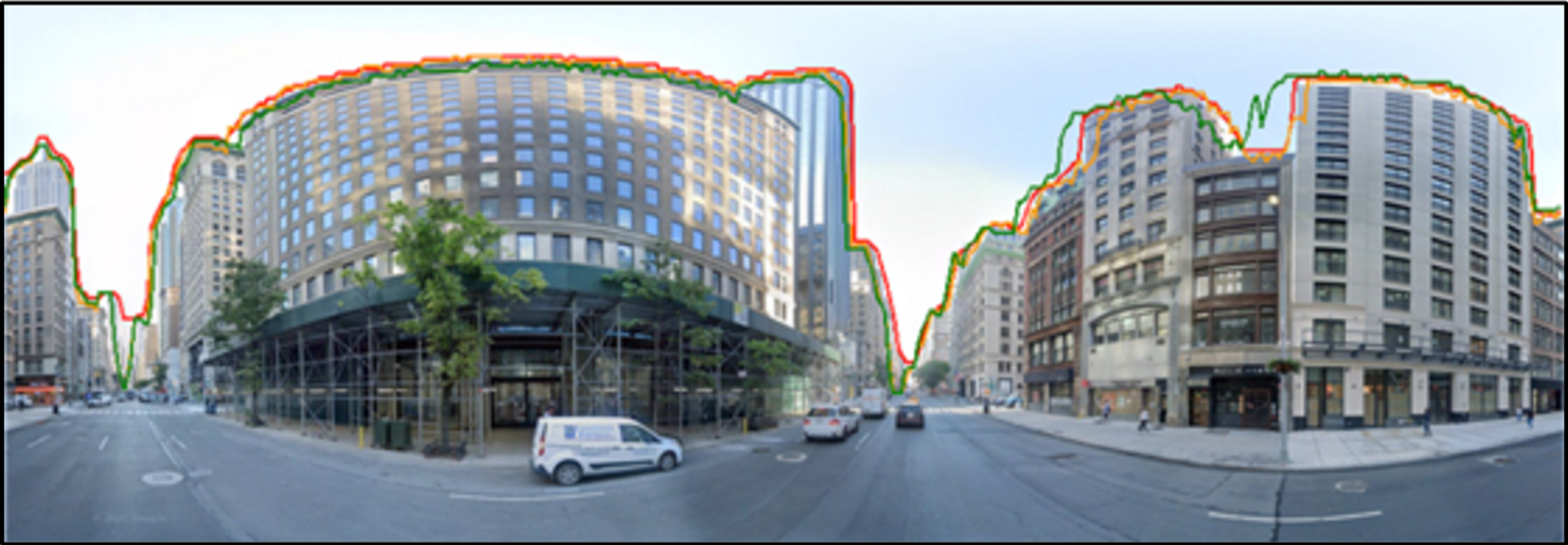 City roads with three tall buildings. The building tops are outlined with three lines—one red, one green, and one orange.