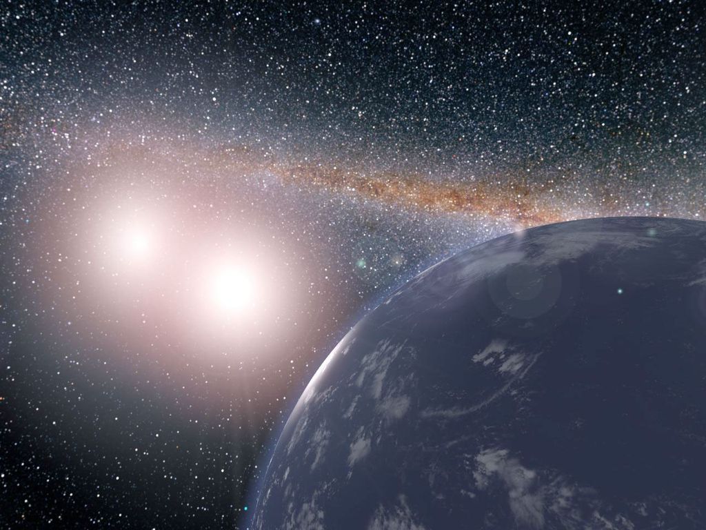An artist depiction of a watery exoplanet in space. Two stars in close proximity are shown near the planet with many stars and a nebula in the dark background.