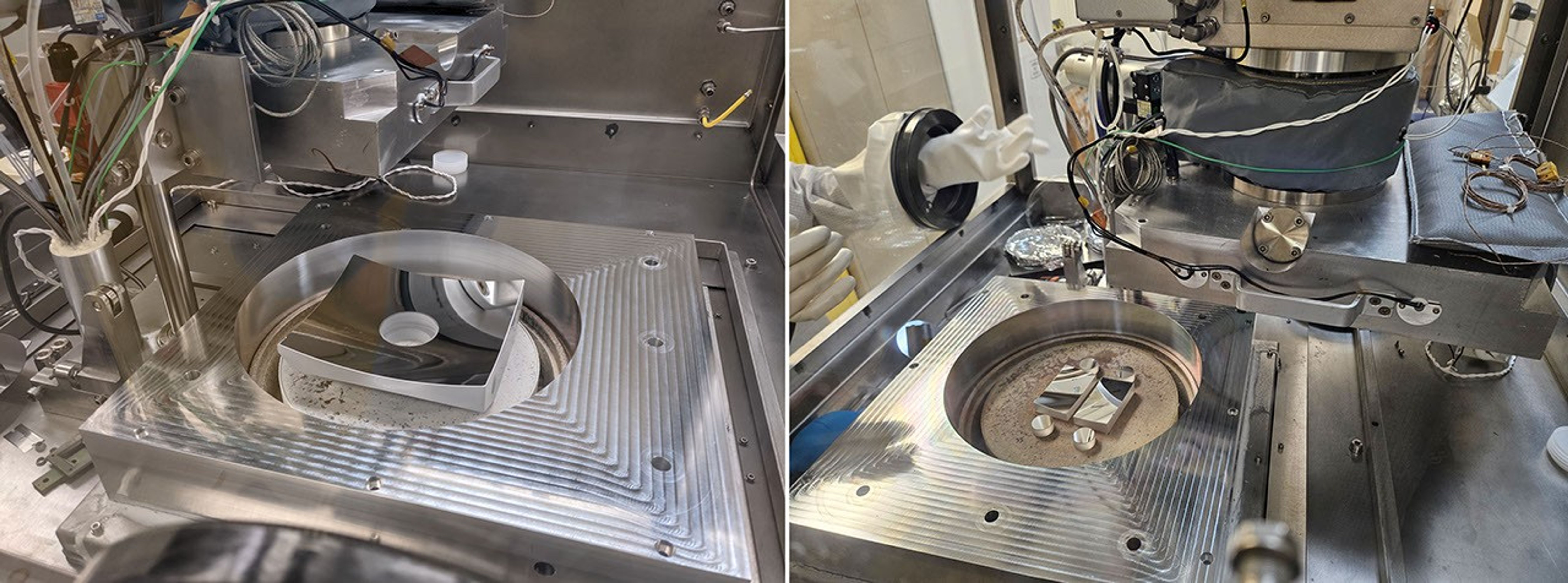 Left: A metallic curved square with a round hole in its center is mounted in a circular indentation in a grid. Right: Two curved rectangular items along with two small cylindrical items are mounted in a circular indentation in a grid.