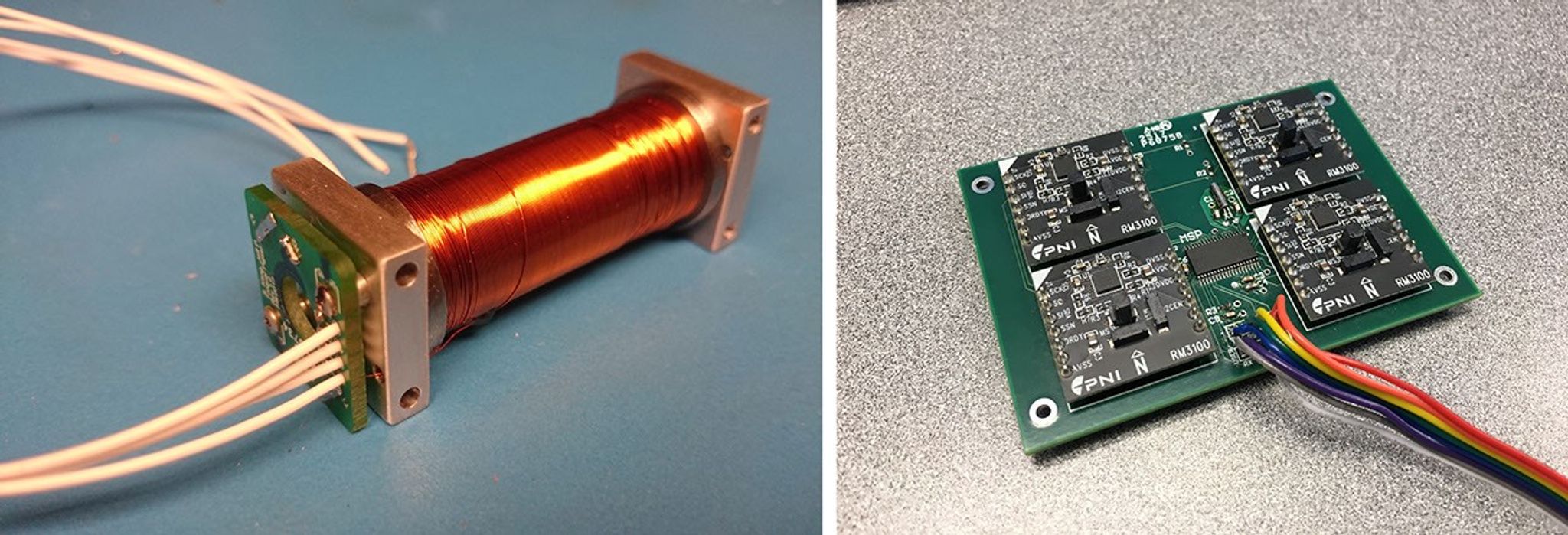 A copper wire wound rod and an electronic board with four sensors with wires coming out.