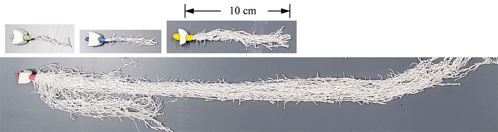 Four images depicting white strands of string-like material of different lengths.