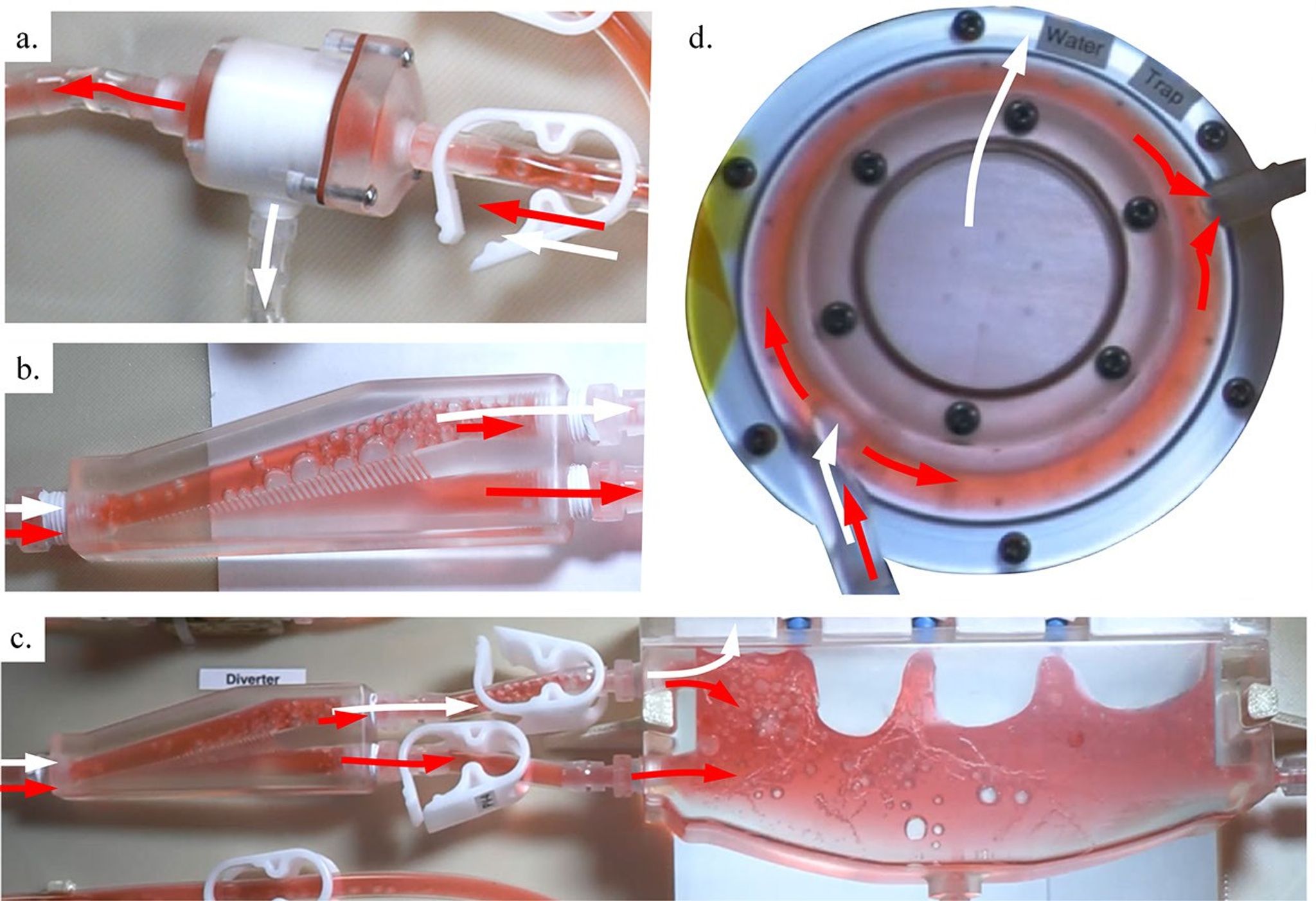 Five images depicting devices consisting of tubes, white clips, and other structures; red liquid containing bubbles traverses through the various devices.