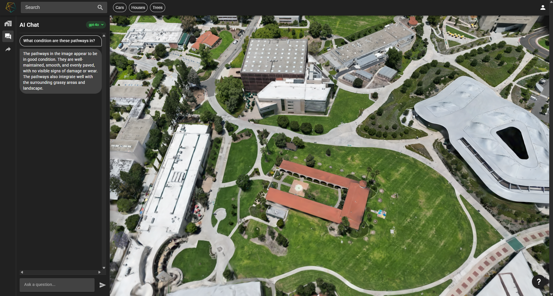 Screenshot of a 3D map with a chat window on the left side.