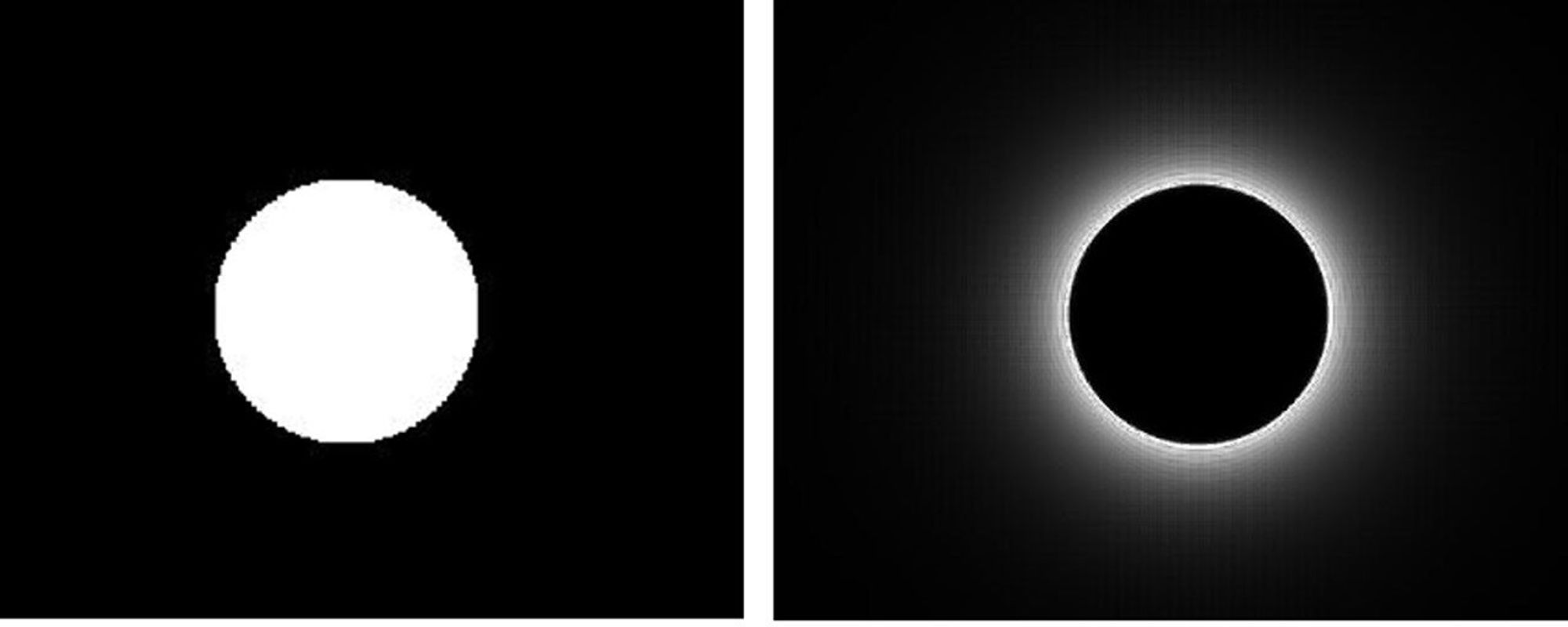 Side by side black rectangles, left one with solid white circle and right one with a black circle with white hazy outline reminiscent of a total eclipse