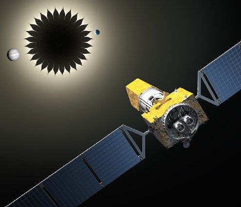 Artist’s conception of a starshade (a disk surrounded by “petals” at the top left) blocking starlight from a star so that a space-based telescope (at right) can image the two planets.