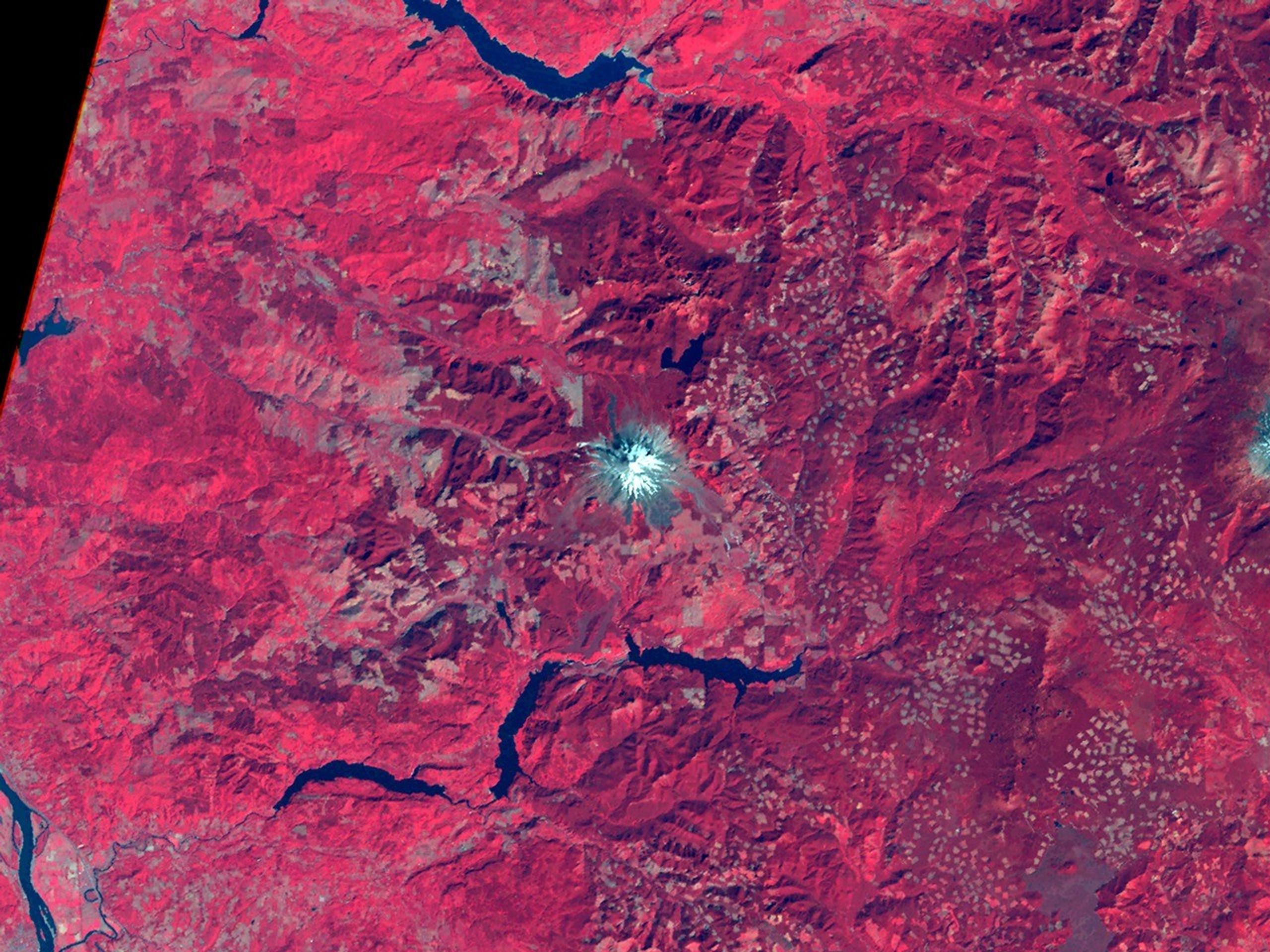 A false-color infrared satellite image of Mount St. Helens and surrounding region from 1973, showing the mountain before its major eruption. Vegetation appears bright red, exposed land is gray, mountain snow caps appear light blue, and water bodies are dark blue. The Columbia River is visible in the lower left corner of the image.