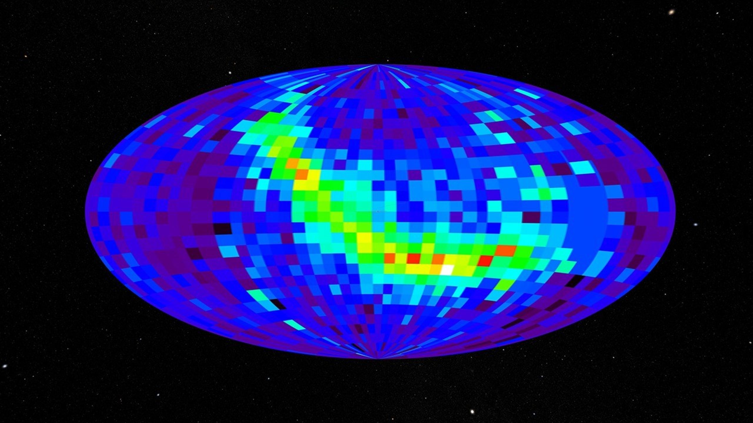Against a black background, a gridded oval contains patches of colors including dark blue, light blue, green, yellow, and red. The outer parts of the oval are mostly dark and light blue. Running from the upper left to the lower right is a roughly L-shaped band of green with small patches of yellow and red within it.