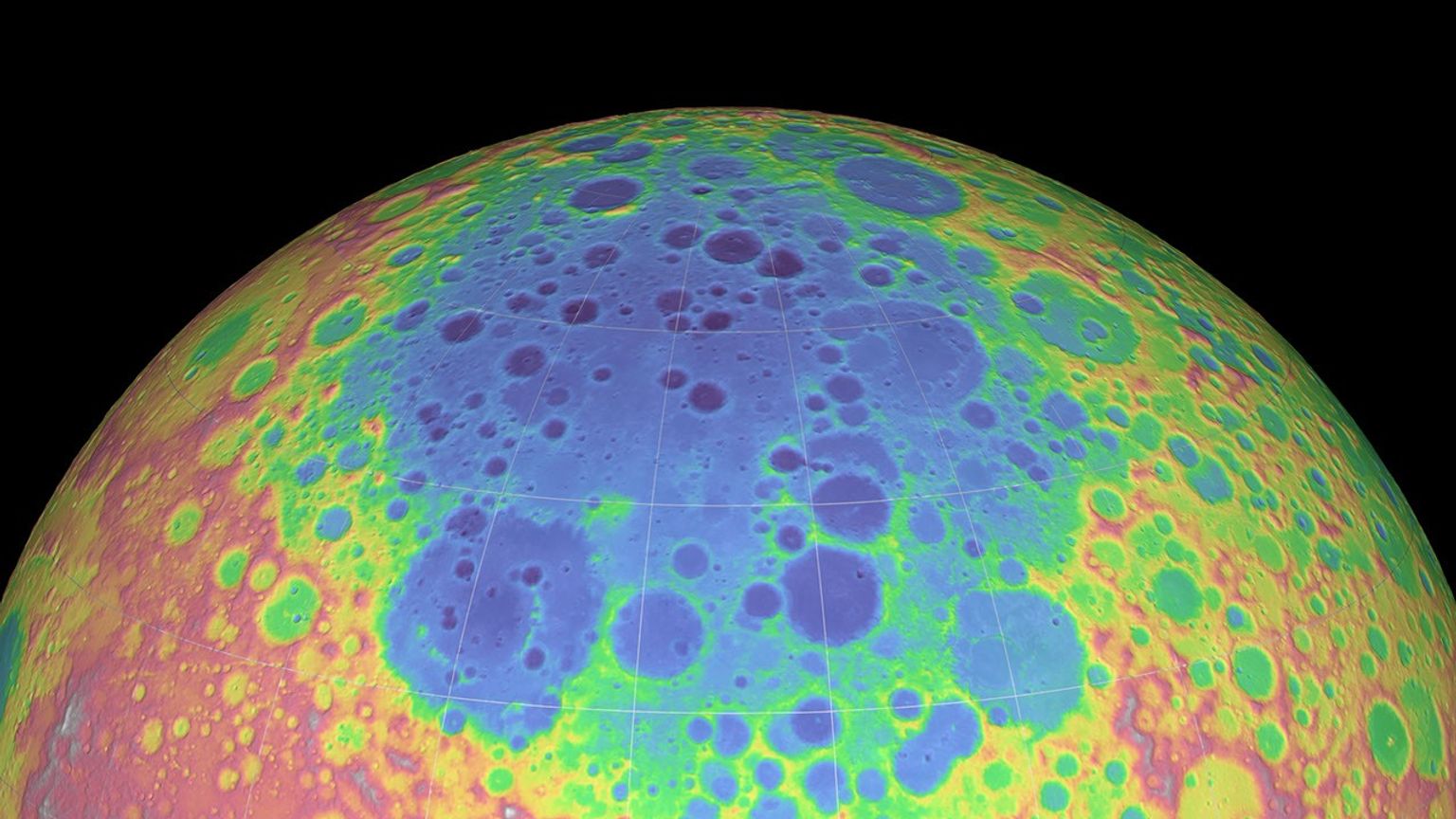 A topographical image of the South Pole Aitken-Basin, with a dark blue and purple area to highlight the basin amongst its surroundings.