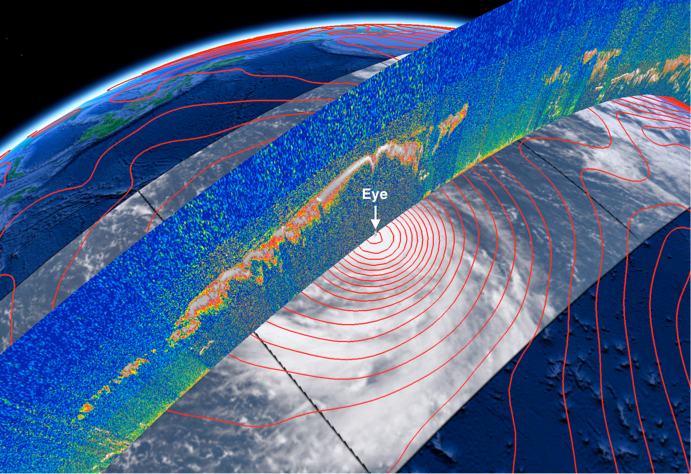 Typhoon Choi-Wan over the western Pacific Ocean
NASA's Moderate Resolution Imaging Spectroradiometer (MODIS) reveals Typhoon Choi-Wan in the western Pacific Ocean on September 15, 2009 (03:50 UTC) as a color image. Also shown are data from NASA's Cloud-Aerosol Lidar and Infrared Pathfinder Satellite Observations (CALIPSO) satellite and NOAA's Global Forecast System (GFS) weather model. CALIPSO* displays the vertical distribution of clouds in the storm’s eyewall and outer bands as yellow, red, gray, and white layers. The GFS data represents mean sea-level pressure as red contour curves, beginning at 992 hPa near the eye and increasing by 1 hPa moving outward. All data is visualized in Google Earth™.
* CALIPSO is a joint U.S. (NASA)/French (Centre National d’Etudes Spatiales/CNES) mission.