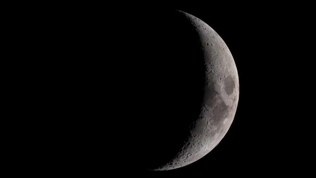 A waxing crescent moon is shown.