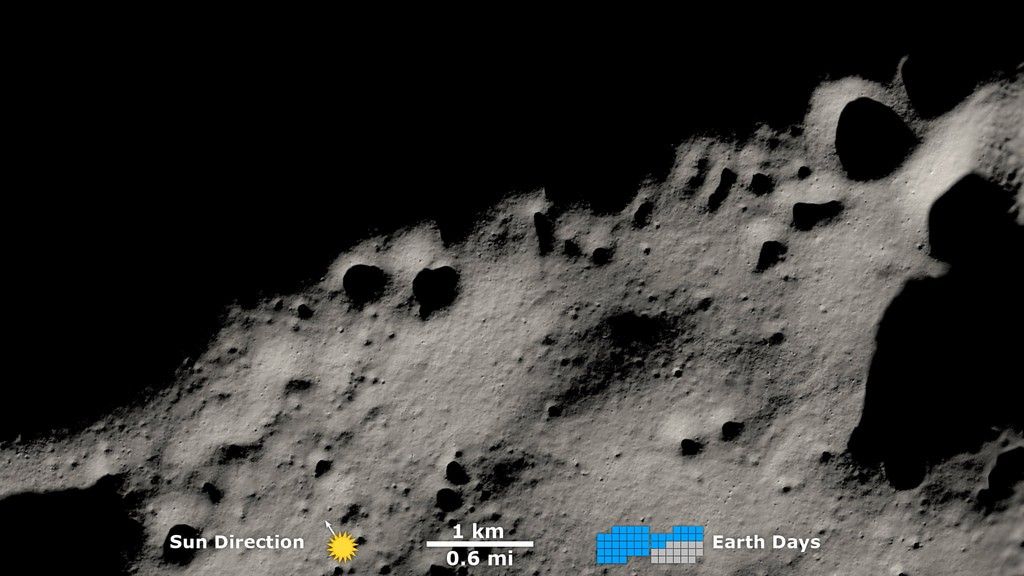A zoomed in version of the Moon's surface is shown with dark circles representing craters in shadow.