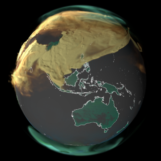 This view highlights CO2 sources and sinks over Asia and Australia. The most notable feature is fossil fuel emissions from China, which contribute to the increasing atmospheric burden of CO2 over the course of 2021. In contrast, drawdown from the land biosphere is visible over Australia for much of the year because emissions and population density are much lower. By the end of the animation, fossil fuel emissions which are released predominantly in the Northern Hemisphere are mixing southward obscuring Australia.