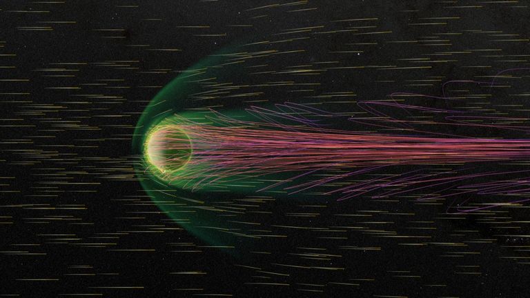 This data visualization shows Mars' magnetosphere for exactly 1 hour before the storm begins. The data driving this visualization is 6 times more frequent, at 5 data simulation minutes per animation second, so the visualization appears to be moving in slow motion. This makes it easier to analyze certain dynamics in Mars' magnetosphere. The viewpoint is side-on and does not change.