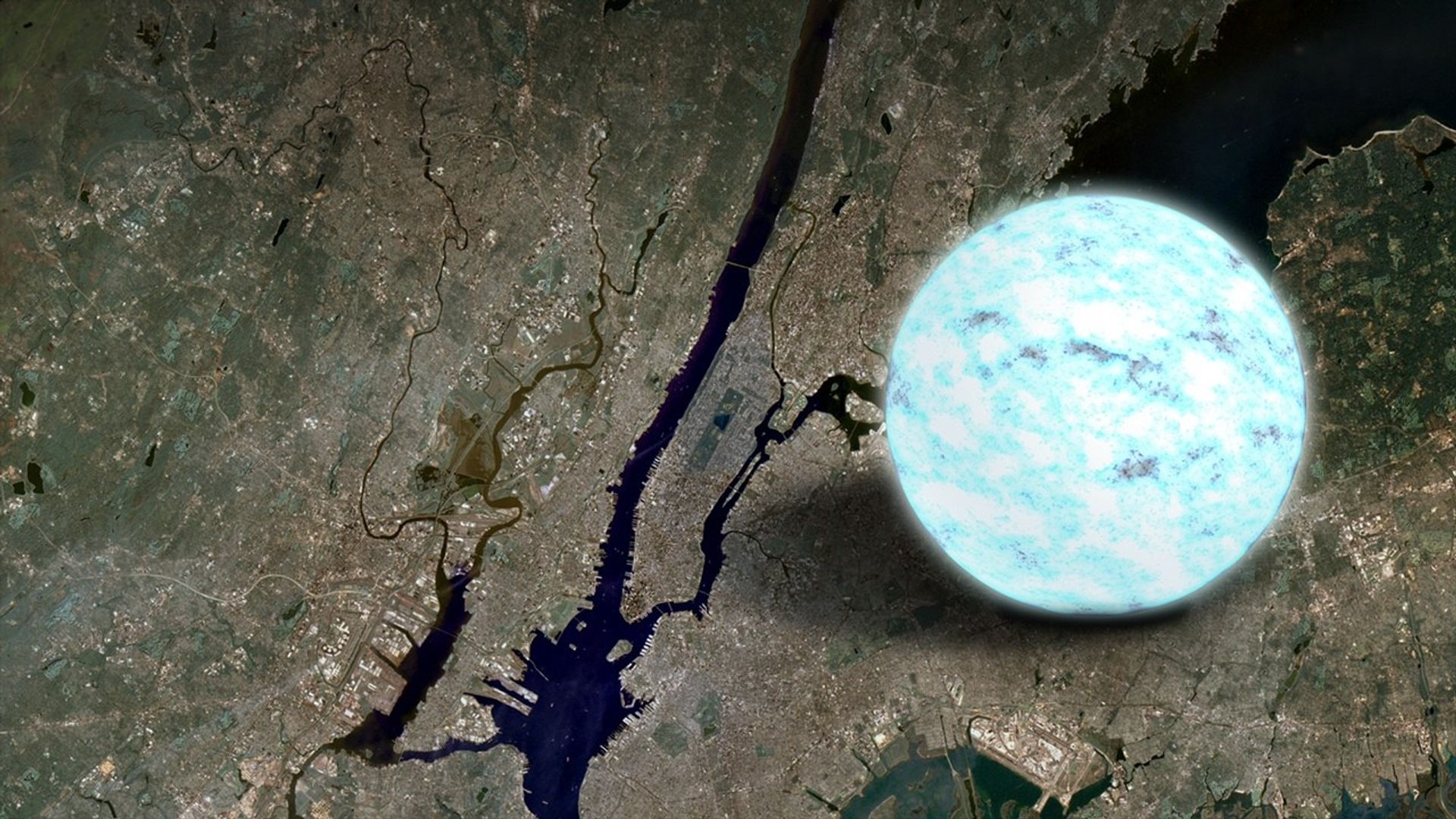 A neutron star is the densest object astronomers can observe directly, crushing half a million times Earth's mass into a sphere about 12 miles across, or similar in size to Manhattan Island, as shown in this illustration.Credit: NASA's Goddard Space Flight Center