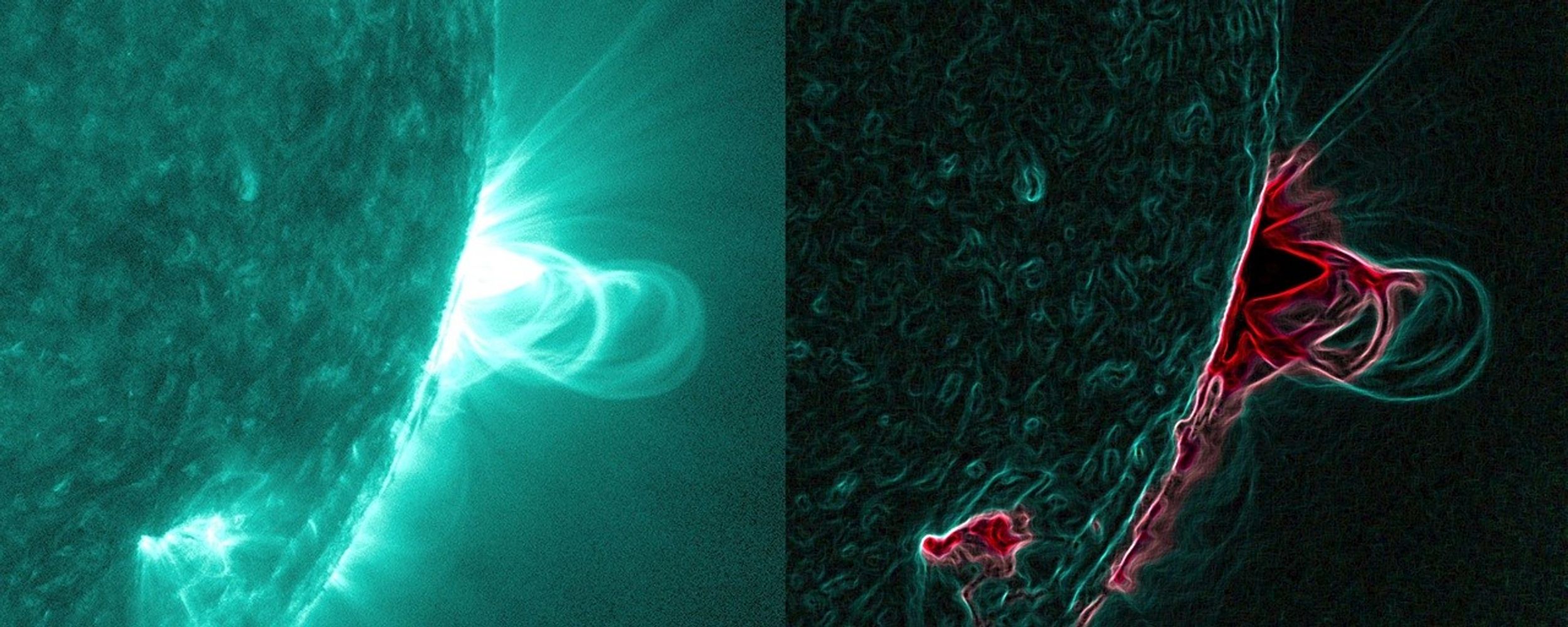 Side-by-side images show a large magnetic loop erupting from the Sun’s surface. The left image, in teal hues, shows looping arcs of plasma extending into space. The right image, with enhanced contrast and false colors, highlights the same prominence with glowing red and teal outlines, emphasizing the magnetic field lines and intense energy of the eruption.