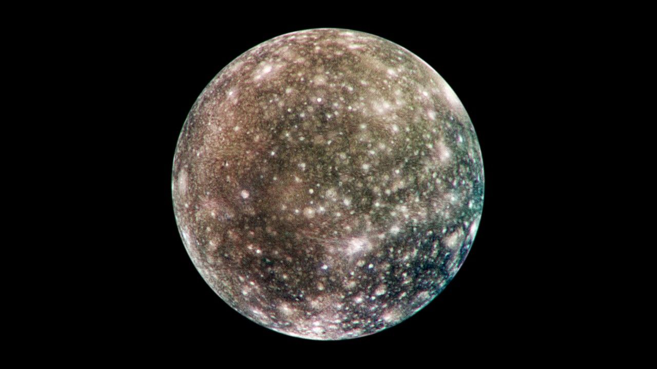 Callisto (above) orbits Jupiter at a greater distance than Io and Ganymede. The visible craters on its surface point to a violent past.