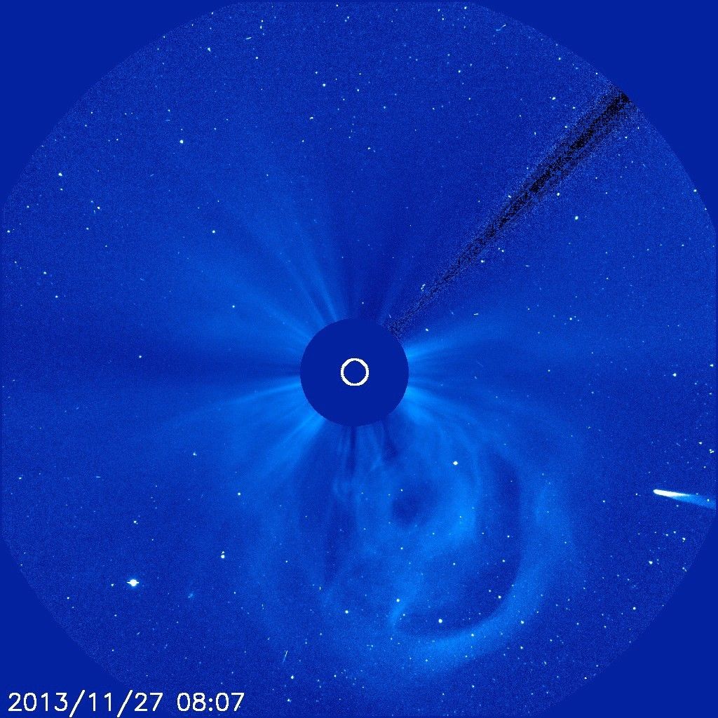 ISON enters the field of view of the joint ESA/NASA Solar and Heliospheric Observatory, or SOHO, spacecraft's C3 coronograph, where the brighter view of the sun itself is blocked to focus on the solar atmosphere, or corona. This video covers 17 hours beginning at 19:42 UT on Nov. 26, 2013. Full-resolution, full-field frames, video at 6fps and still.Credit: ESA&NASA/SOHO