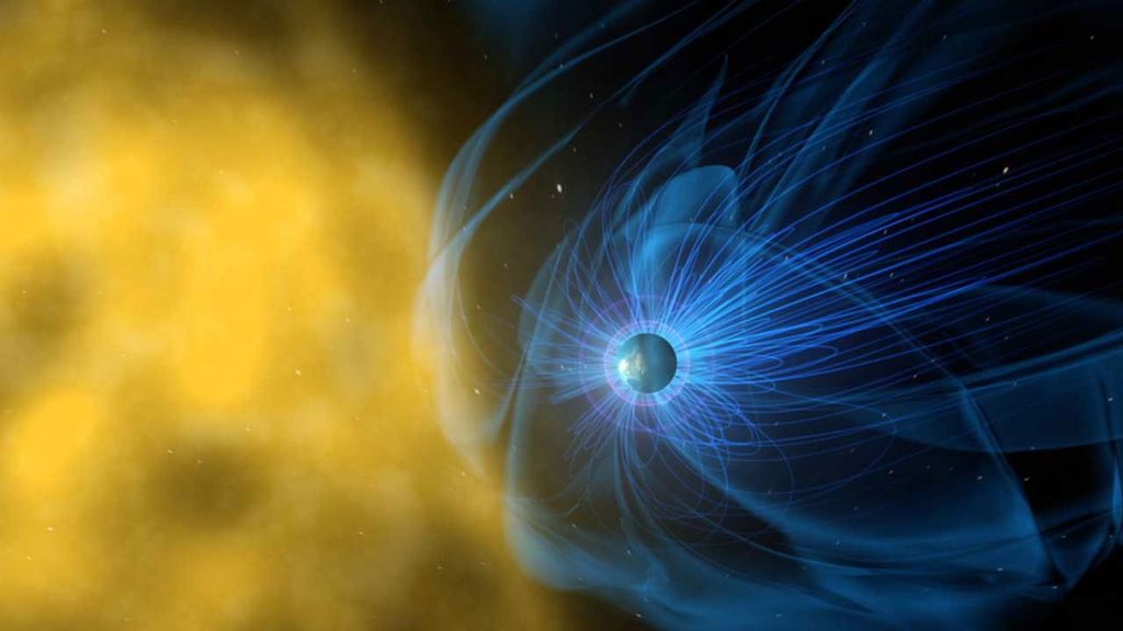 Earth's has both a <strong>magnetosphere</strong> and <strong>atmosphere</strong> that protect it from the effects of the solar wind. 