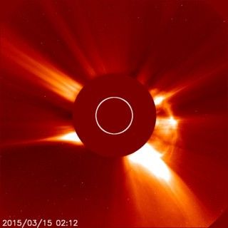 The Joint ESA/NASA Solar and Heliospheric Observatory, or SOHO, captured this image of a coronal mass ejection, or CME, at 10:12 pm EDT on March 14, 2015.