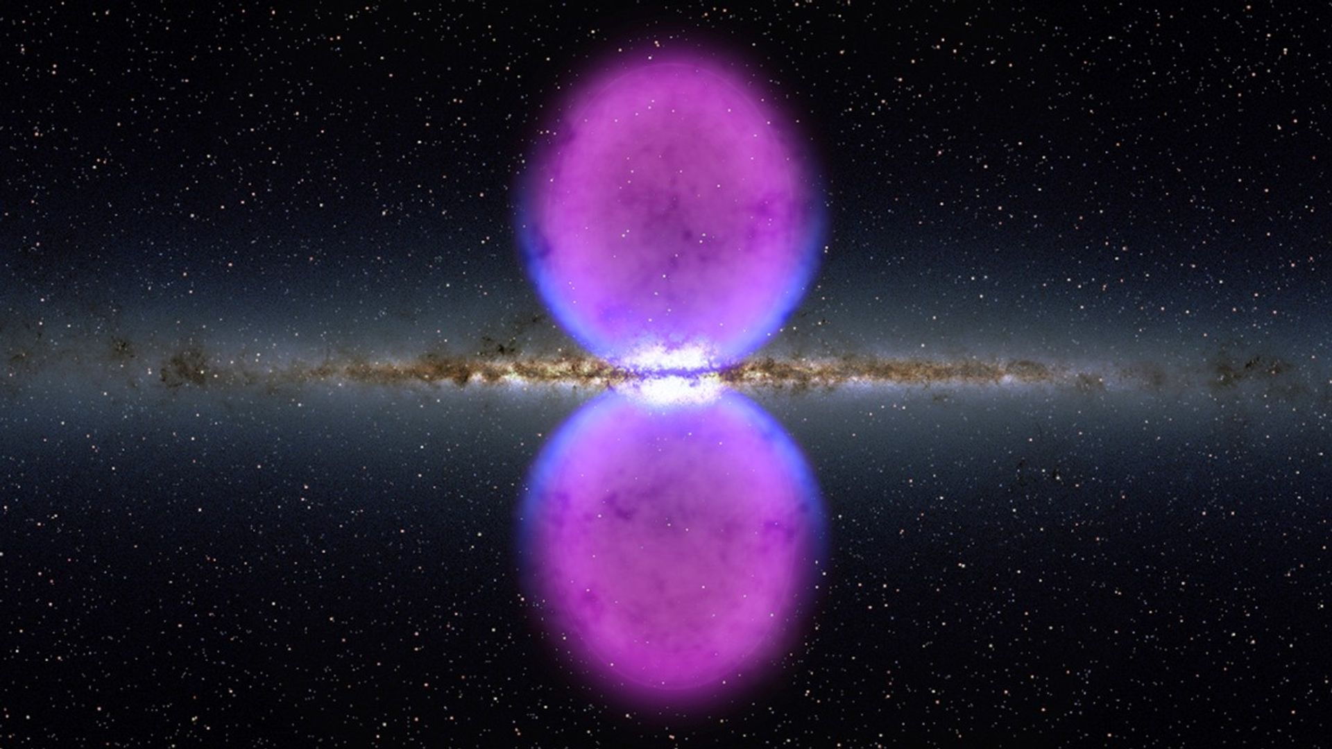 Illustration of the "Fermi Bubbles," gamma-ray emitting lobes above and below the plane of the Milky Way.Credit: NASA's Goddard Space Flight Center