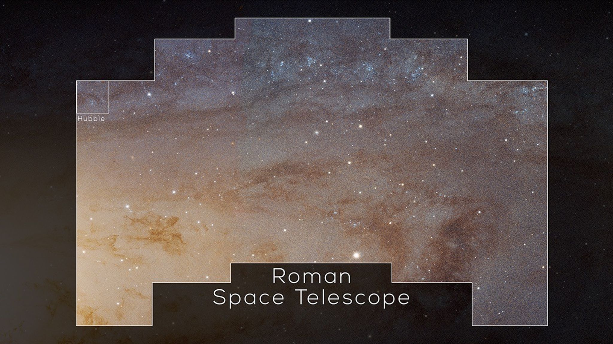 Animated comparison of the relative image sizes from Hubble and the Roman Space Telescope. The two missions will have very similar resolution, but the Roman Space Telescope will have 100 times the field of view.