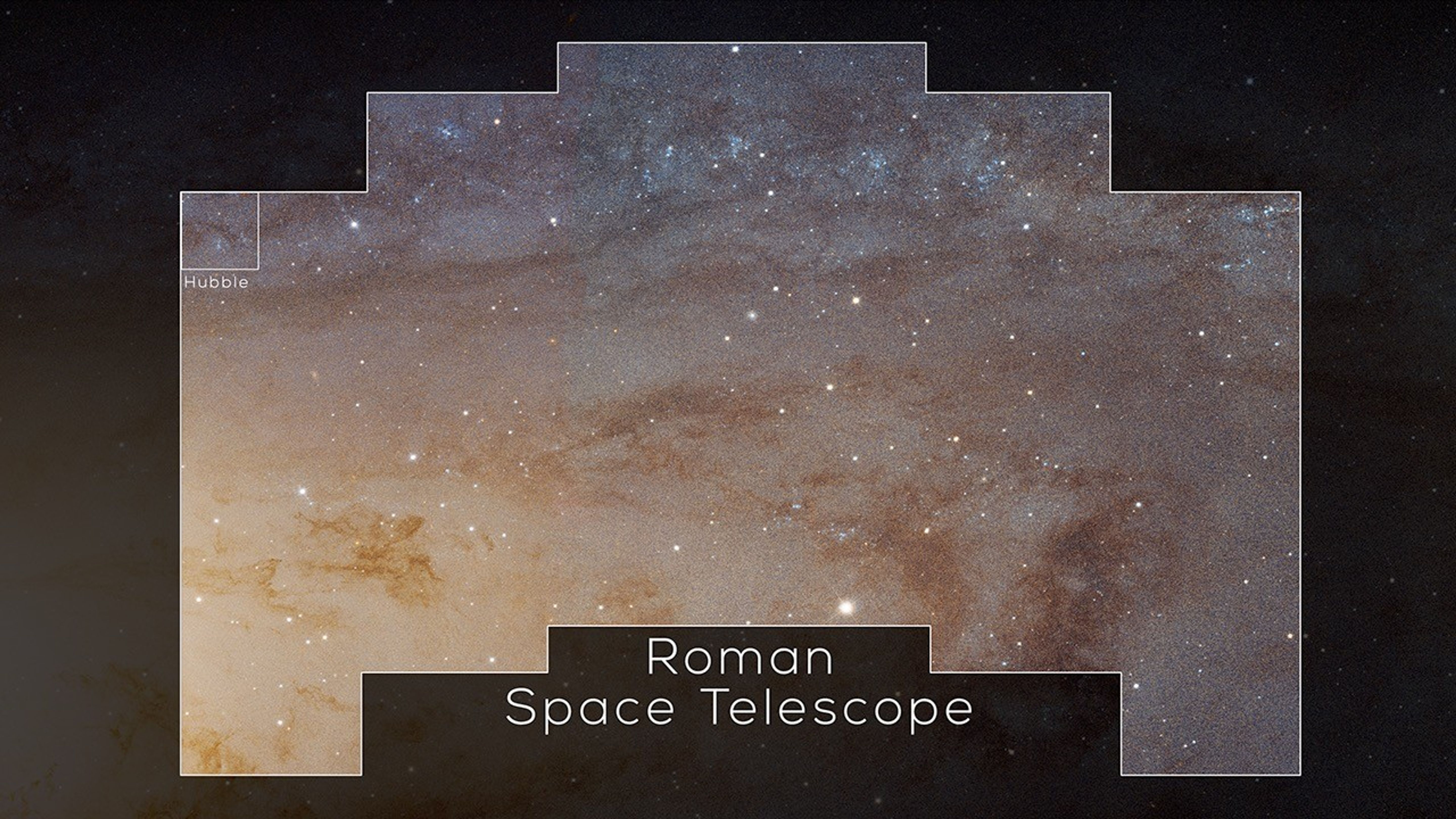 Animated comparison of the relative image sizes from Hubble and the Roman Space Telescope. The two missions will have very similar resolution, but the Roman Space Telescope will have 100 times the field of view.