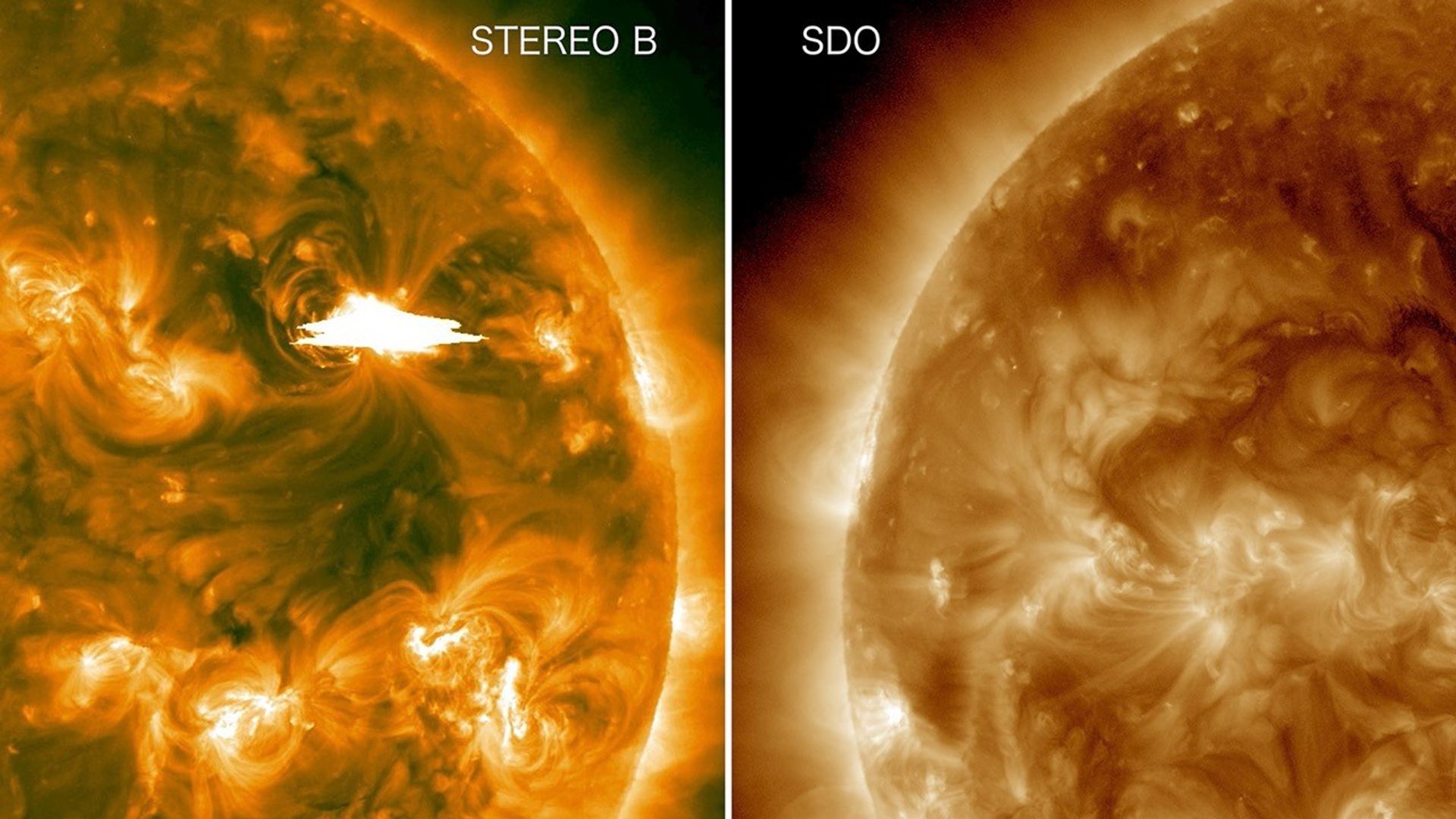 Left: A STEREO B image of the far side of the sun during the Sept. 1, 2014, solar eruption. Right: The Earth-facing side of the sun at the same time as seen by NASA's Solar Dynamics Observatory. The view includes the area from which NASA's Fermi detected high-energy gamma rays.  Includes animated gif.Credit: NASA/STEREO and NASA/SDO