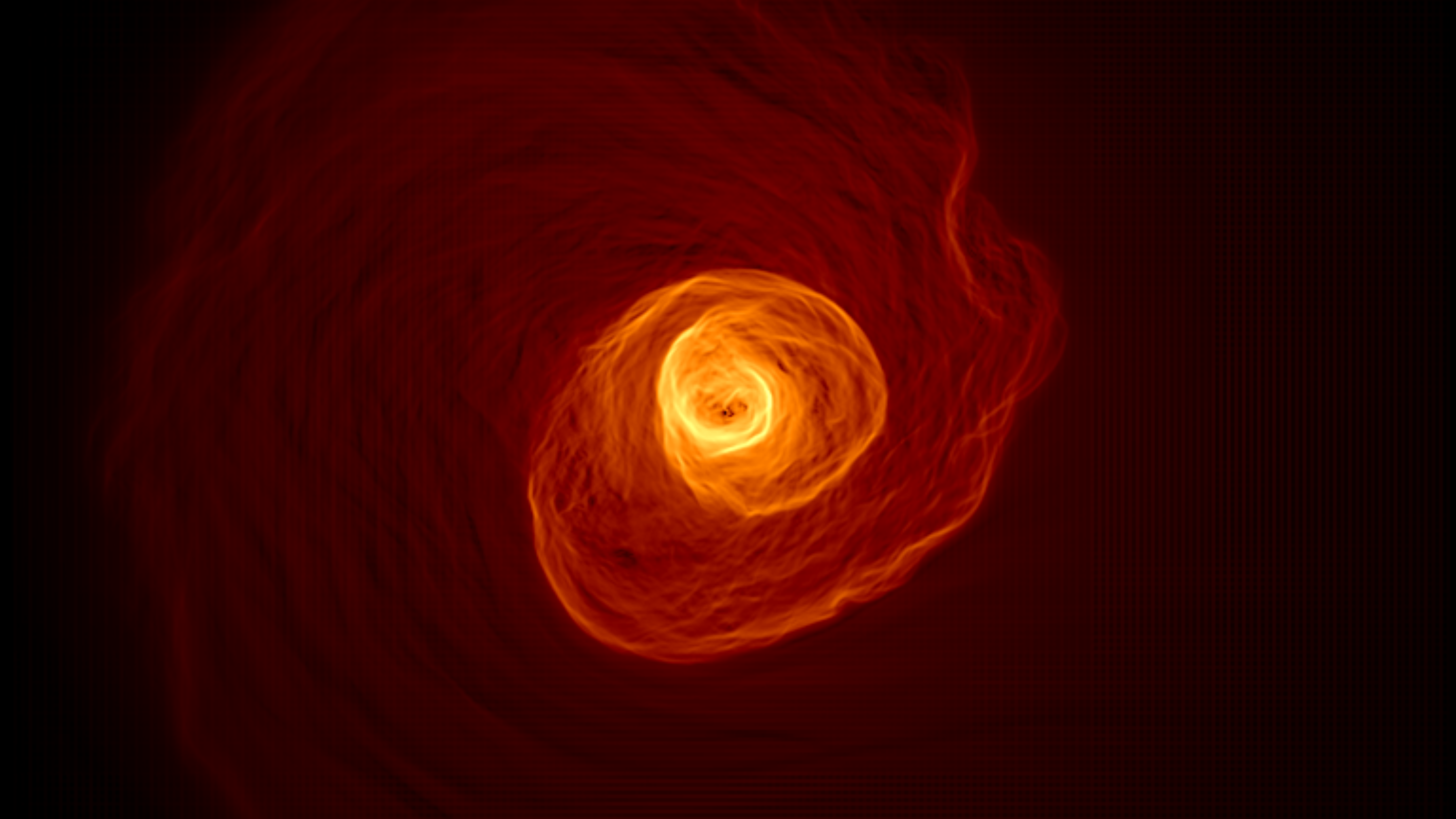 This simulation, developed by John ZuHone at the Harvard-Smithsonian Center for Astrophysics, begins with an X-ray view of hot gas at the heart of a galaxy cluster much like the Perseus cluster. The gas has settled into two components, a "cold" central region with temperatures around 54 million degrees Fahrenheit (30 million Celsius) surrounded by gas some three times hotter. About 1.5 billion years into the simulation, a small galaxy cluster with about one-tenth the mass of Perseus passes about 650,000 light-years out of frame. Although we don’t see this cluster, a shock wave excited in the gas by its passage swiftly moves from right to left across the scene. The gravity of the flyby cluster causes the colder gas to slosh around, forming a spiral pattern that expands into the hotter gas. About 2.5 billion years after the flyby's closest approach, cold gas has risen some 500,000 light-years from the center. This leads to a velocity shear between the cold gas and the surrounding hotter gas, resulting in huge versions of Kelvin-Helmholtz waves (upper right at about 2 o'clock). These waves last hundreds of millions of years before dissipating. This simulation was performed on the Pleiades supercomputer operated by the NASA Advanced Supercomputing Division at Ames Research Center in Silicon Valley, California. Credit: John ZuHone/Harvard-Smithsonian Center for Astrophysics