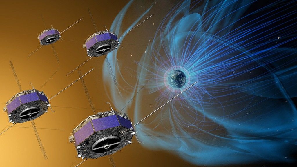 The Magnetospheric Multiscale mission (MMS) spacecraft fly in a 3-D pyramid formation.