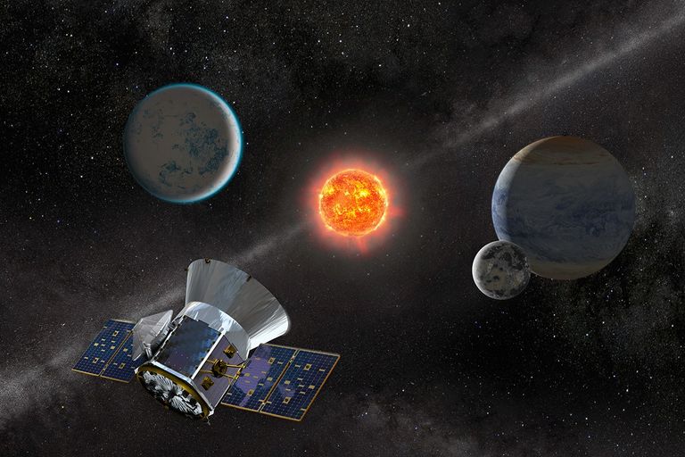 Artist concept of TESS observing an M dwarf star with orbiting planets (without haze).