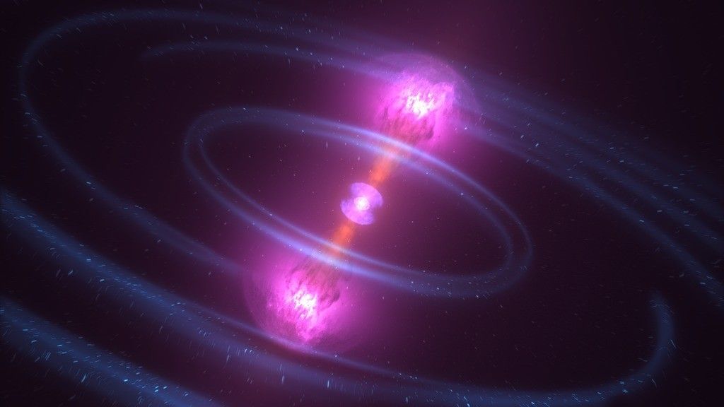 Additional still from animation.  As neutron stars collide, some of the debris blasts away in particle jets moving at nearly the speed of light, producing a brief burst of gamma rays. Credit: NASA's Goddard Space Flight Center/CI Lab