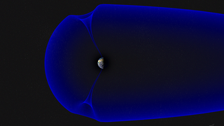 Earth appears in the center of a blue, cone-shaped bubble that has a curved edge on the left and a long, tapering tail extending toward the right. Two funnel-like features connect Earth to the top and bottom of the bubble.