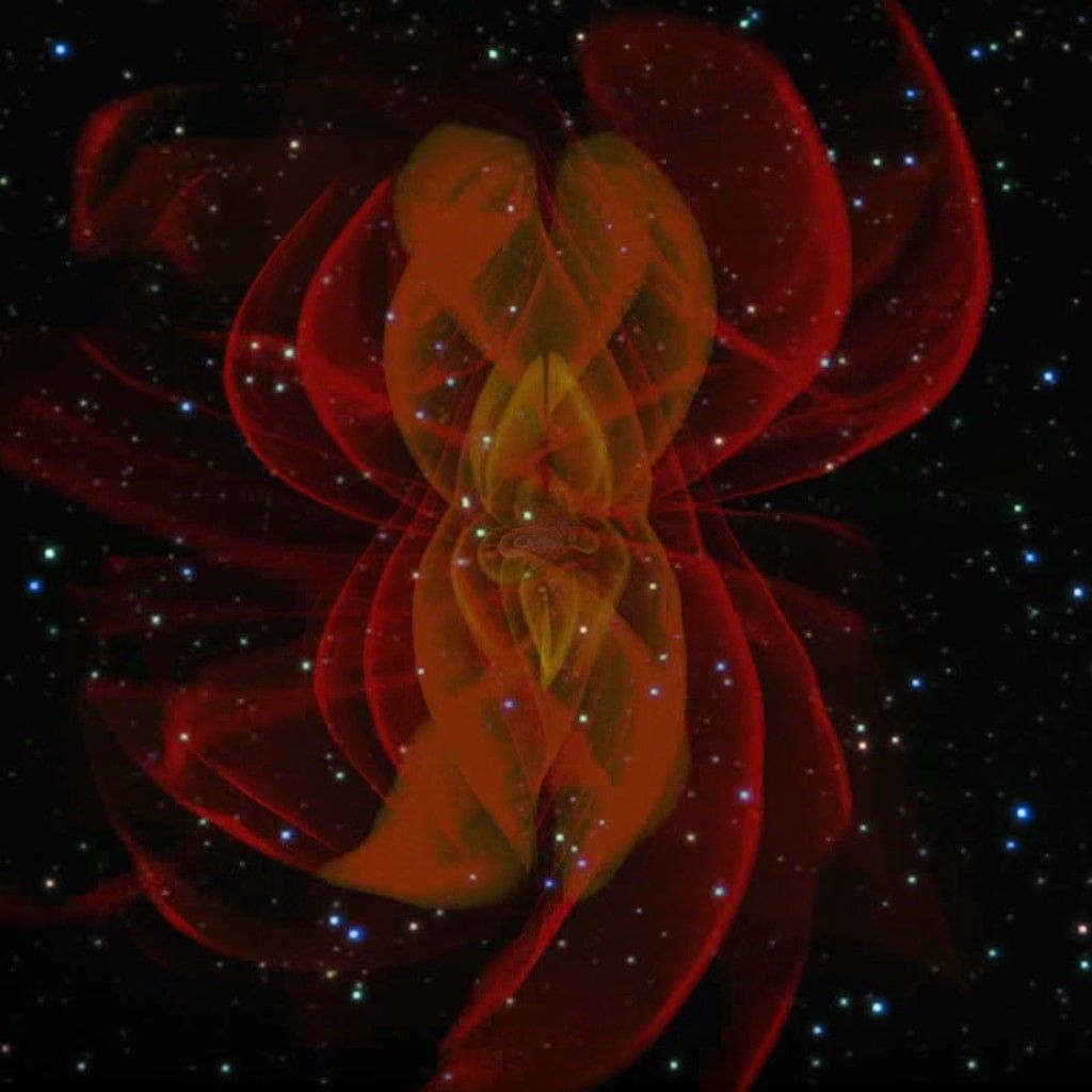 Shown here is a computer simulation of the merger of two black holes and the resulting emission of gravitational radiation. Colored fields represent a component of the curvature of space-time. The outer red sheets correspond directly to the outgoing gravitational radiation detected by gravitational-wave observatories. The brighter yellow areas near the black holes do not correspond to physical structures but generally indicate where strong non-linear gravitational-field interactions are in play.Credit: NASA/C. Henze