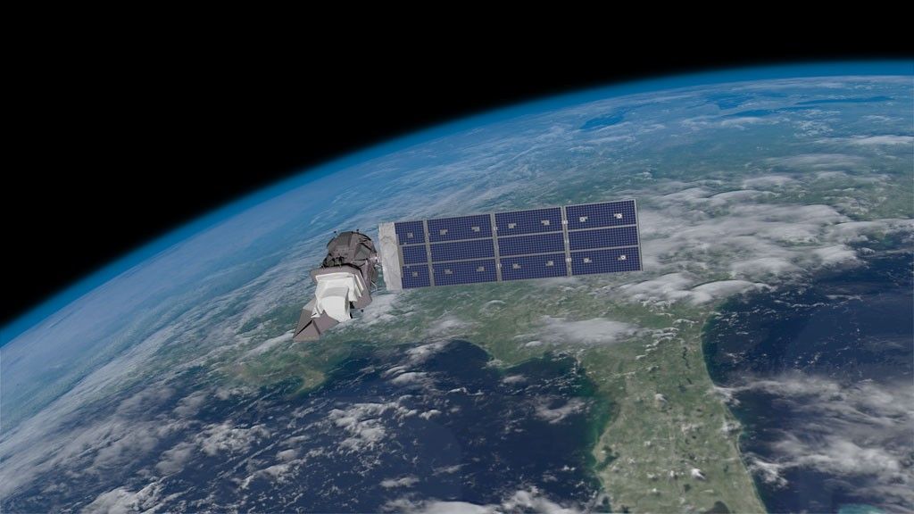 Animation of the Landsat 9 spacecraft in orbit around Earth, passing over the US from the Great Lakes to the Gulf of Mexico. The satellite will travel at 7.5 km/second, circling the globe every 99 minutes at an altitude of 705 km (438 miles). Landsat 9 will image a swath 185 km (115 miles) in width and complete about 14 orbits each day, thereby imaging every part of Earth every 16 days.