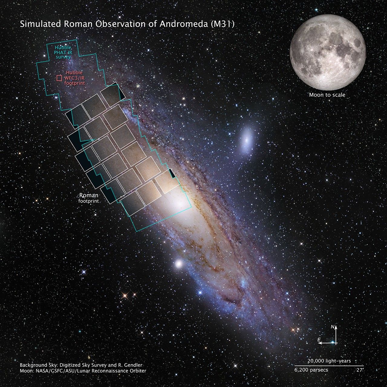 A composite figure shows the region of Andromeda covered by the Roman Space Telescope simulation. Roman would be able to image the main body of Andromeda in just a few pointings, surveying the galaxy nearly 1500 times faster than Hubble. This version has updated labels to show Roman instead of WFIRSTCredit: Simulated Roman image: NASA, STScI, and B.F. Williams (University of Washington); Background: Digitized Sky Survey and R. Gendler; Moon: NASA, GSFC, and Arizona State University)