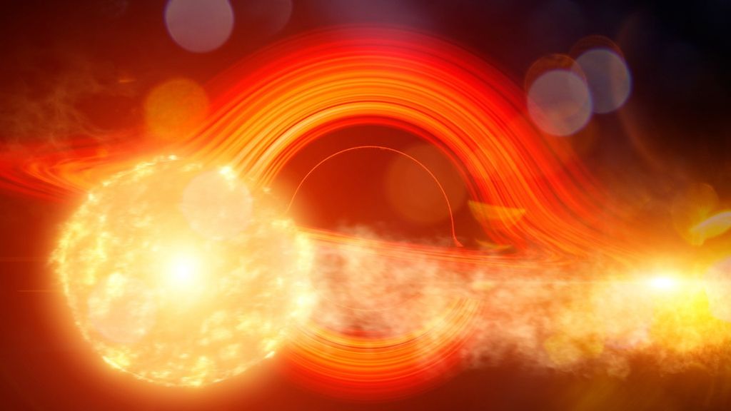 In this illustration, a supermassive black hole pulls a stream of gas off a star that passes too close.
Credit: NASA’s Goddard Space Flight Center/Chris Smith (USRA/GESTAR)