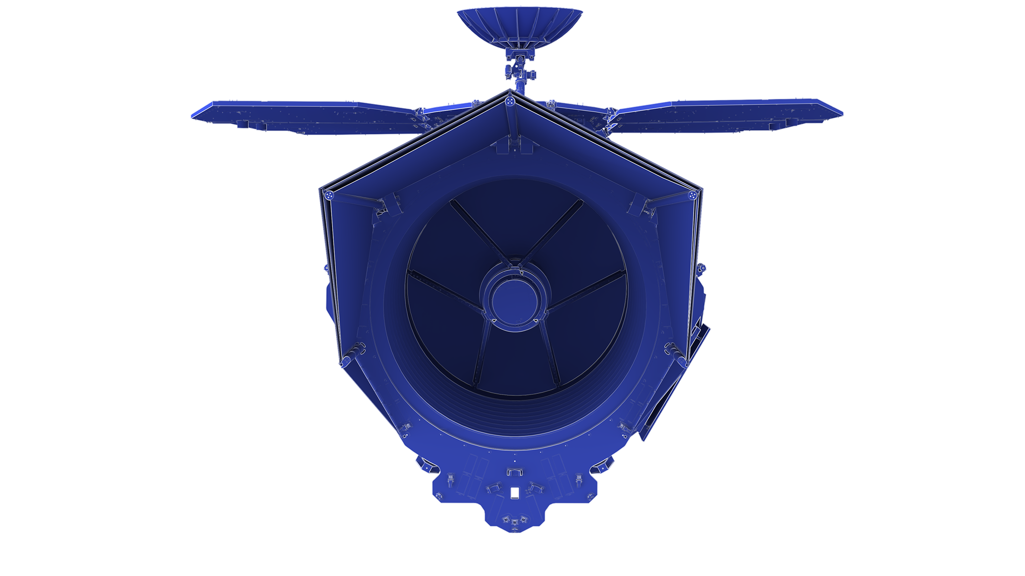 Front view of the Roman Space Telescope.  Highlighted parts available under "Download Options"