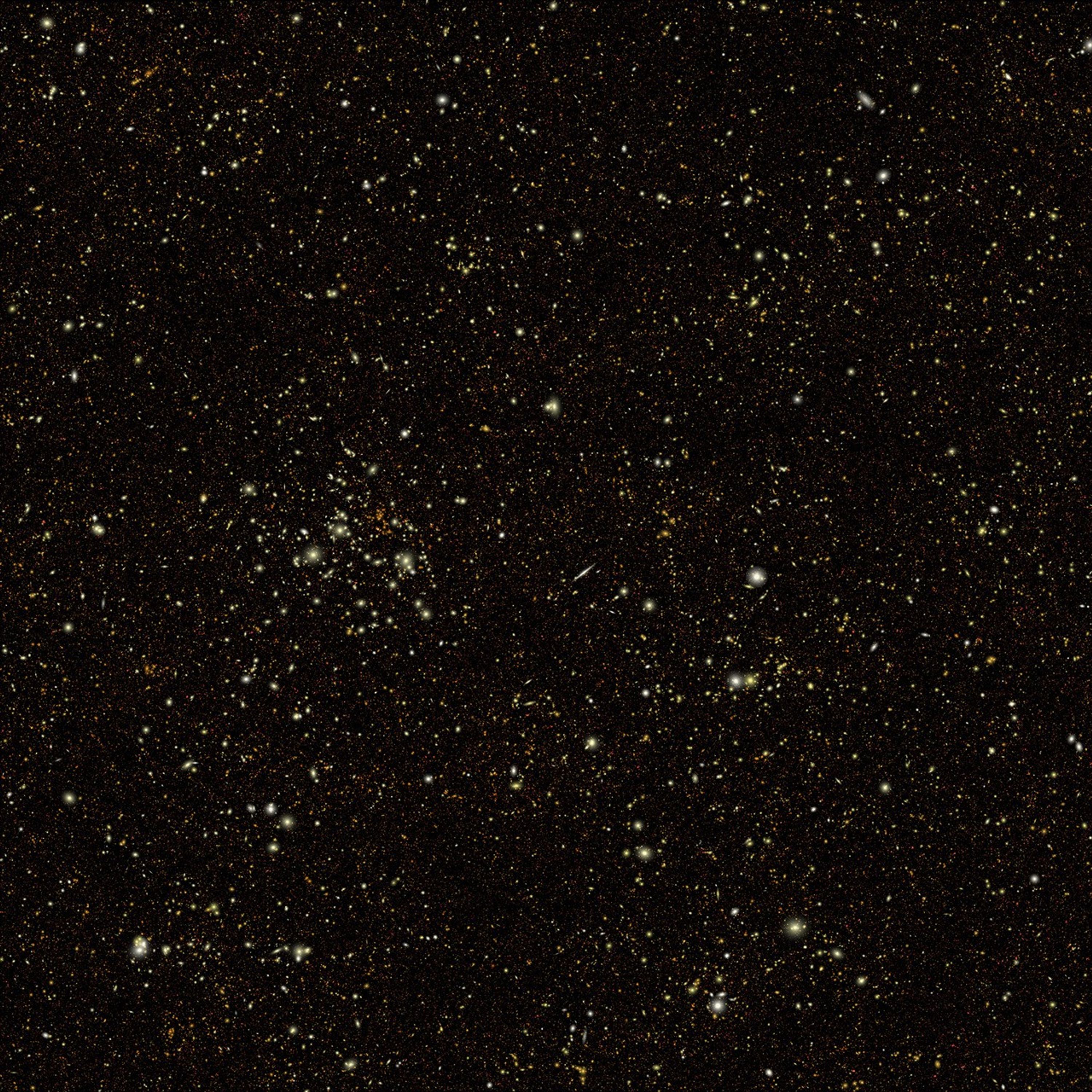 This simulated Roman deep field image, containing hundreds of thousands of galaxies, represents just 1.3 percent of the synthetic survey, which is itself just one percent of Roman's planned survey. The galaxies are color coded – redder ones are farther away and whiter ones are nearer. The simulation showcases Roman’s power to conduct large, deep surveys and study the universe statistically in ways that aren’t possible with current telescopes.
Credit: M. Troxel and Caltech-IPAC/R. Hurt