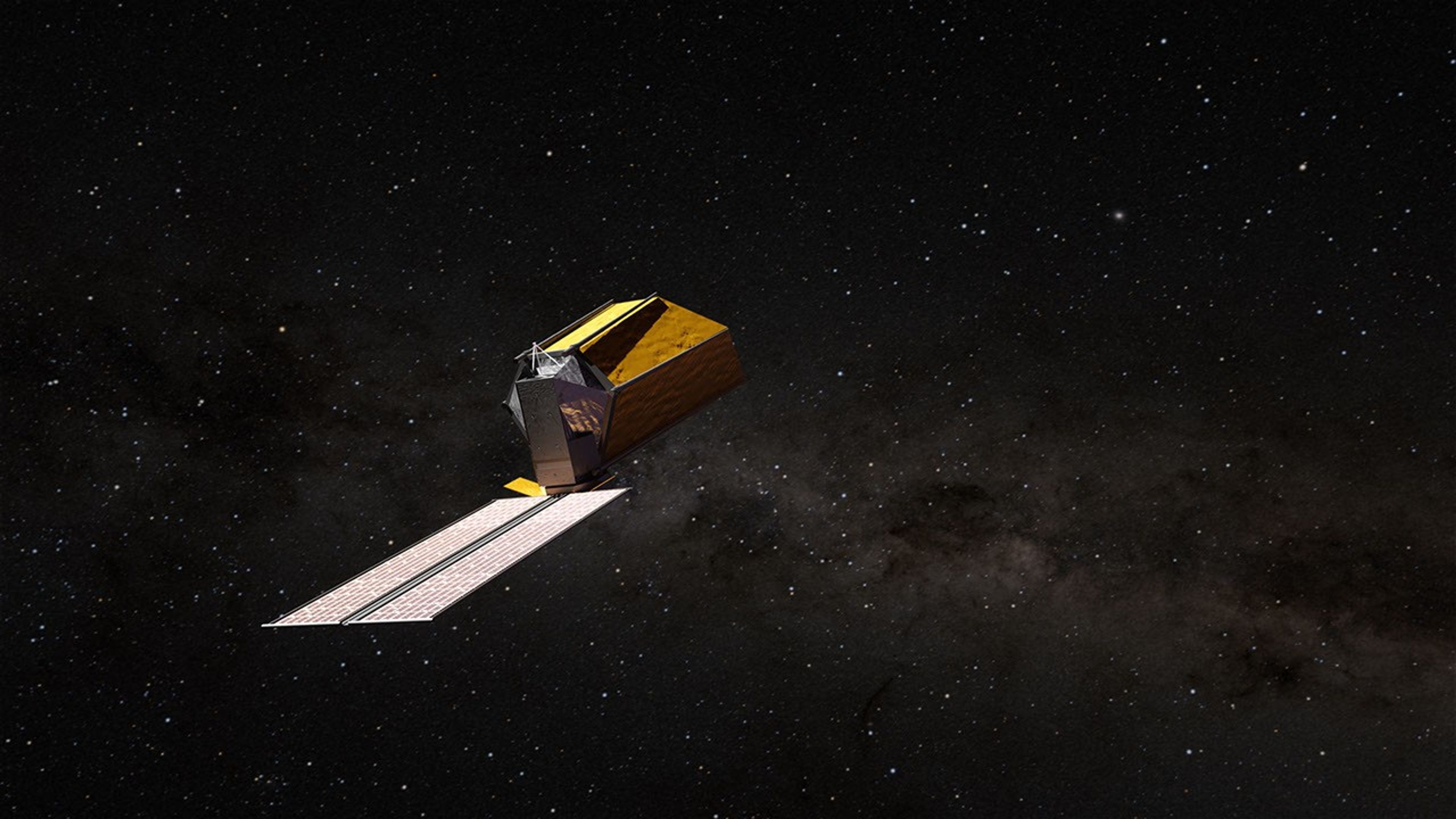Artist's concept still of the Habitable Worlds Observatory.  Includes option with transparent background.