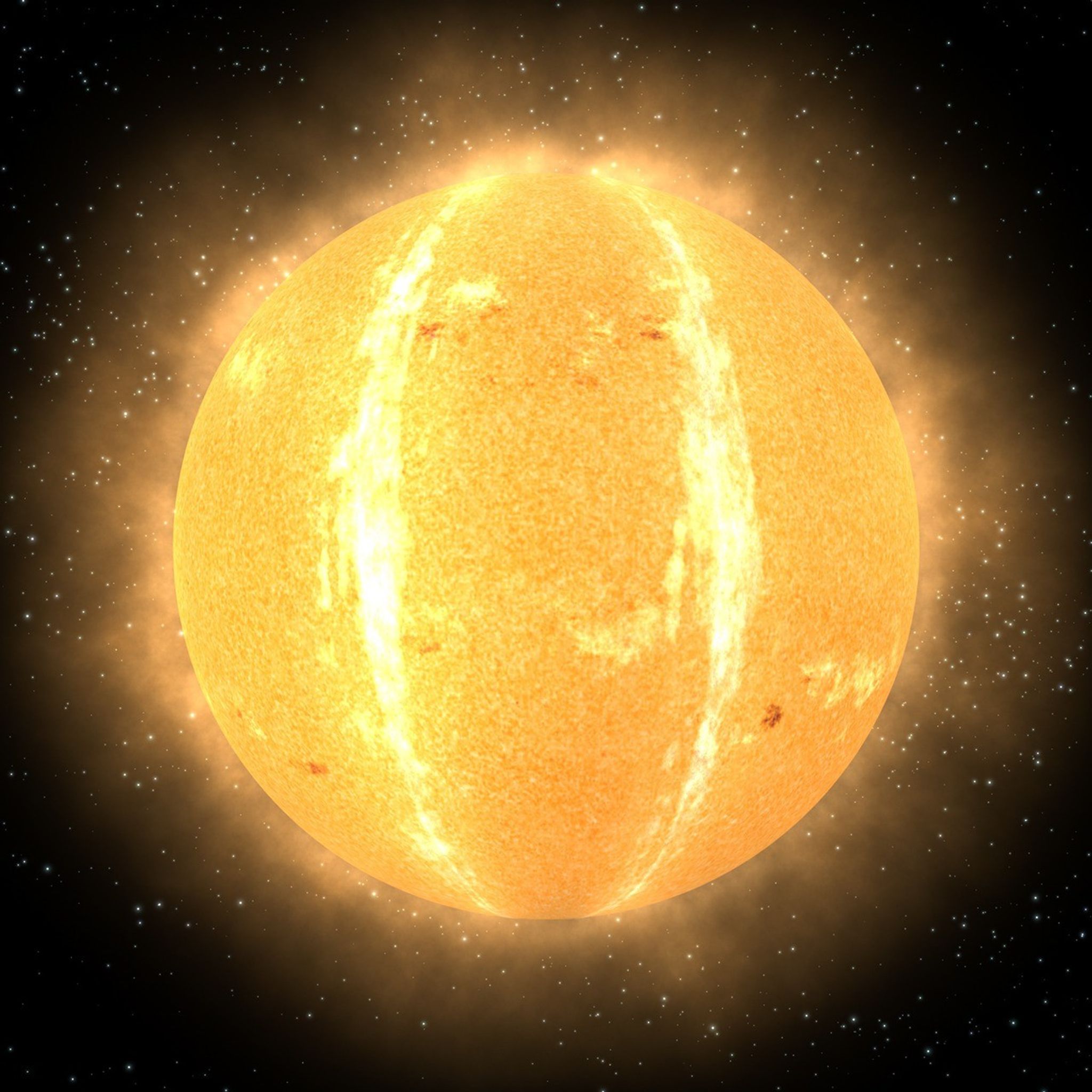 An illustration shows the Sun in yellow with two long, white stripes running vertically down the Sun from pole to pole.