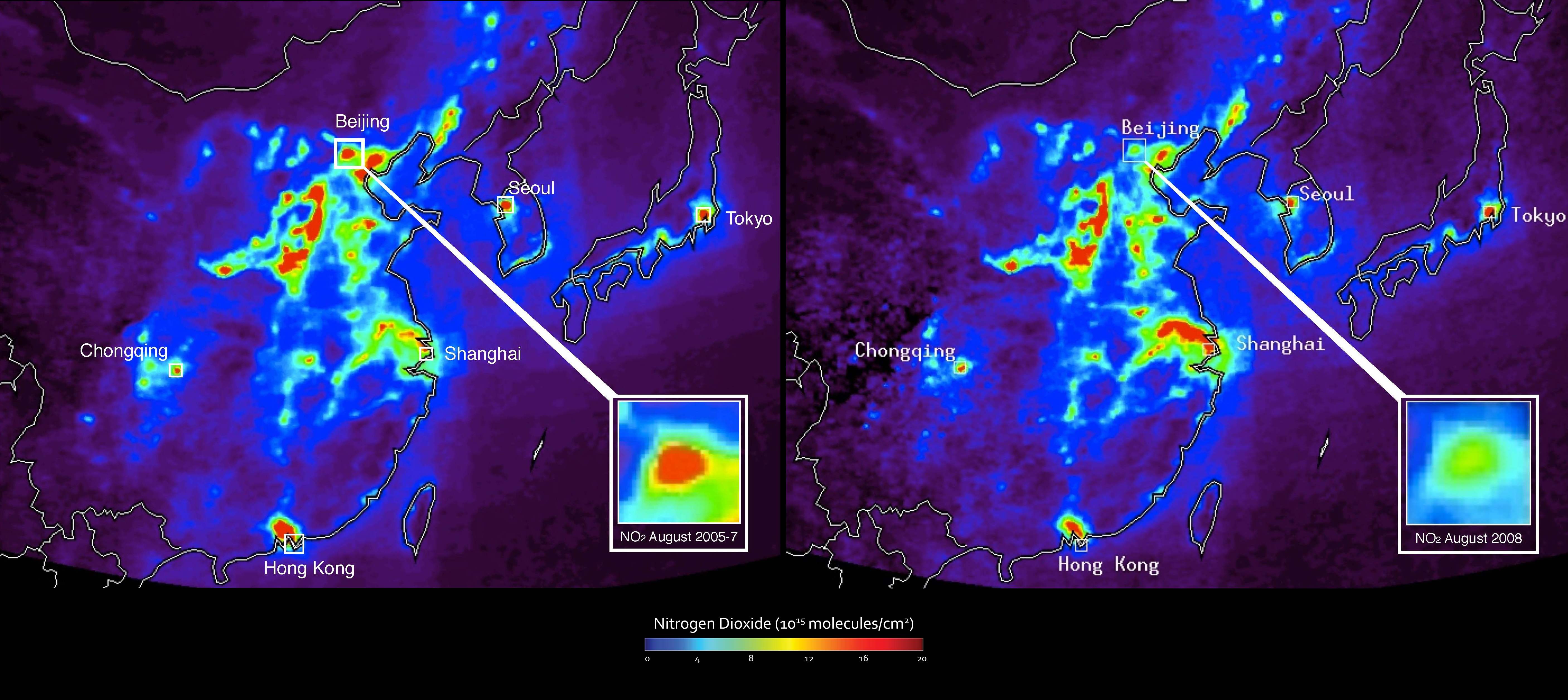 NASA satellite data reveal impact of olympic pollution controls in Beijing, China.
